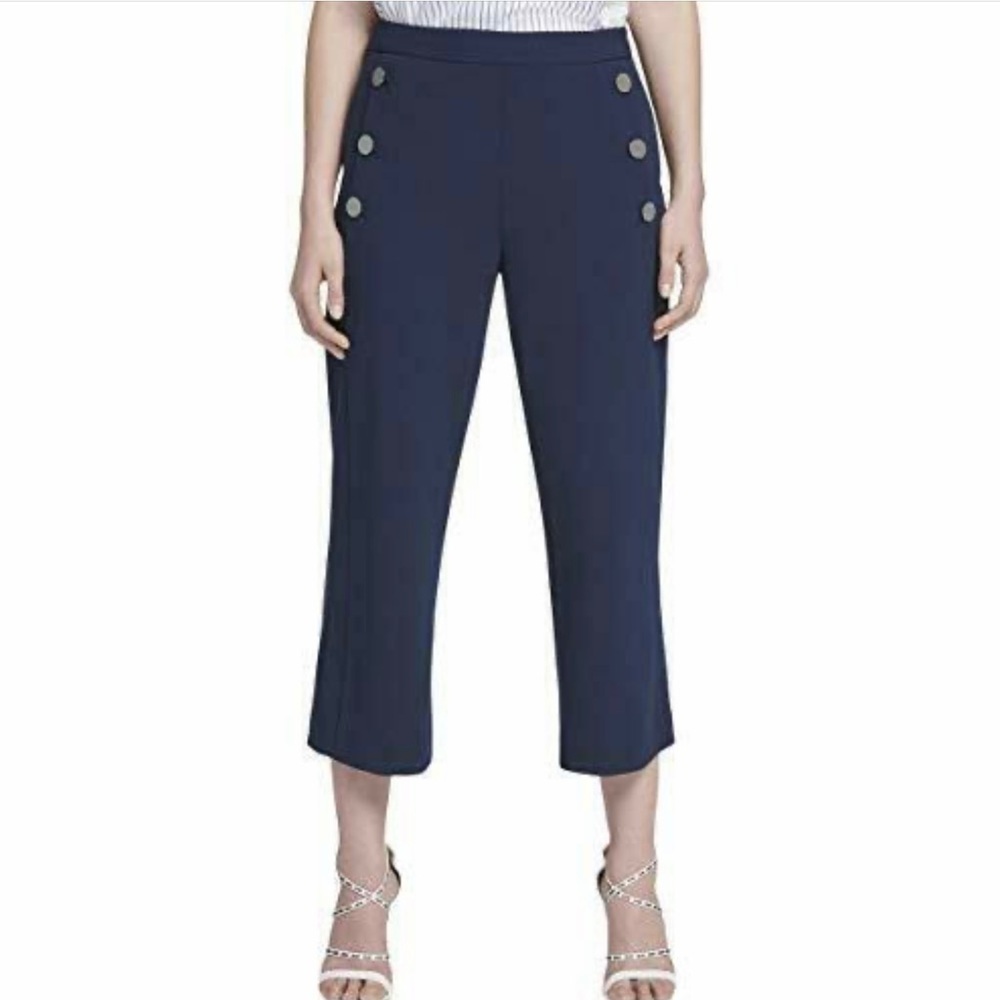 DKNY Women’s Navy Blue High Rise Cropped Sailor Pants Nautical Side Zip Size 2